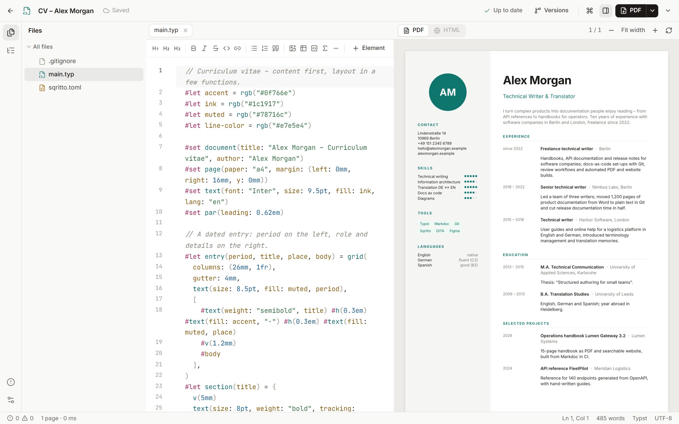 A two-column CV designed with Typst in Sqritto, with the source on the left and the PDF on the right