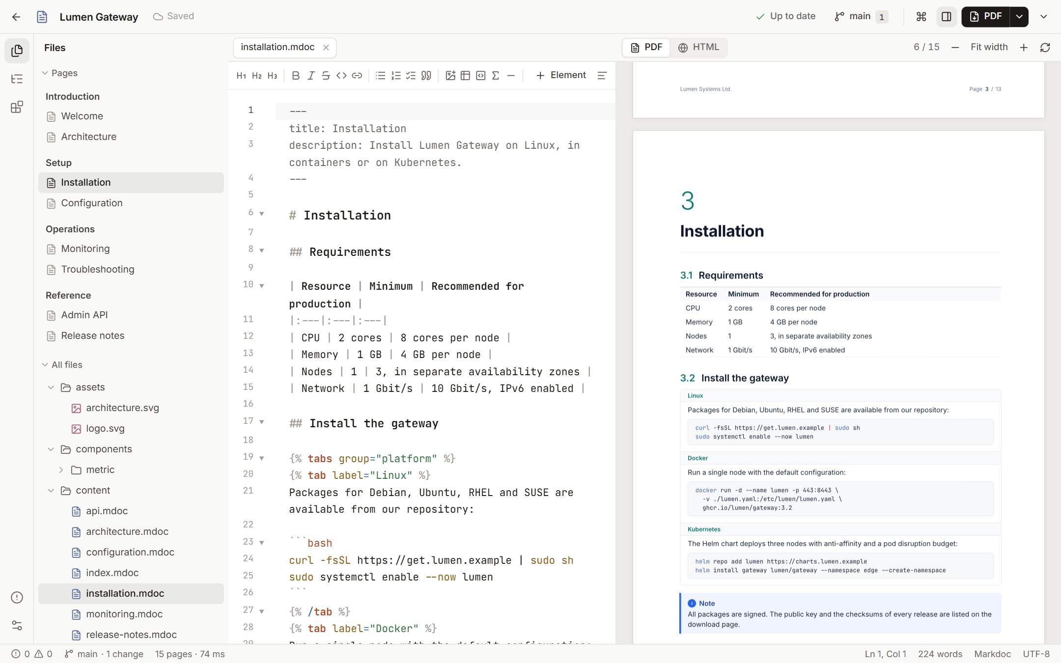 A Markdown chapter of an operations handbook in Sqritto next to its typeset PDF page