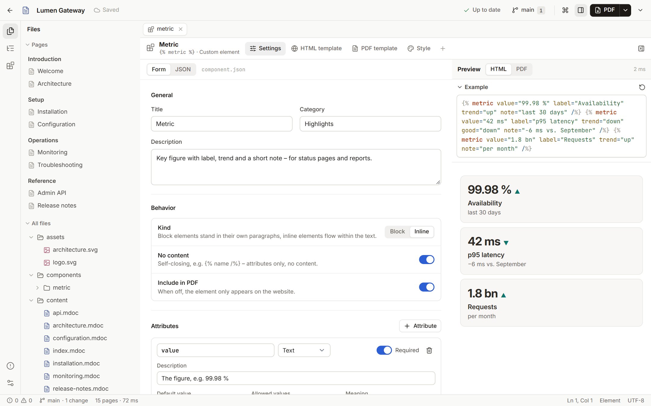 The Sqritto element editor with the settings form of a custom metric element and its live HTML preview