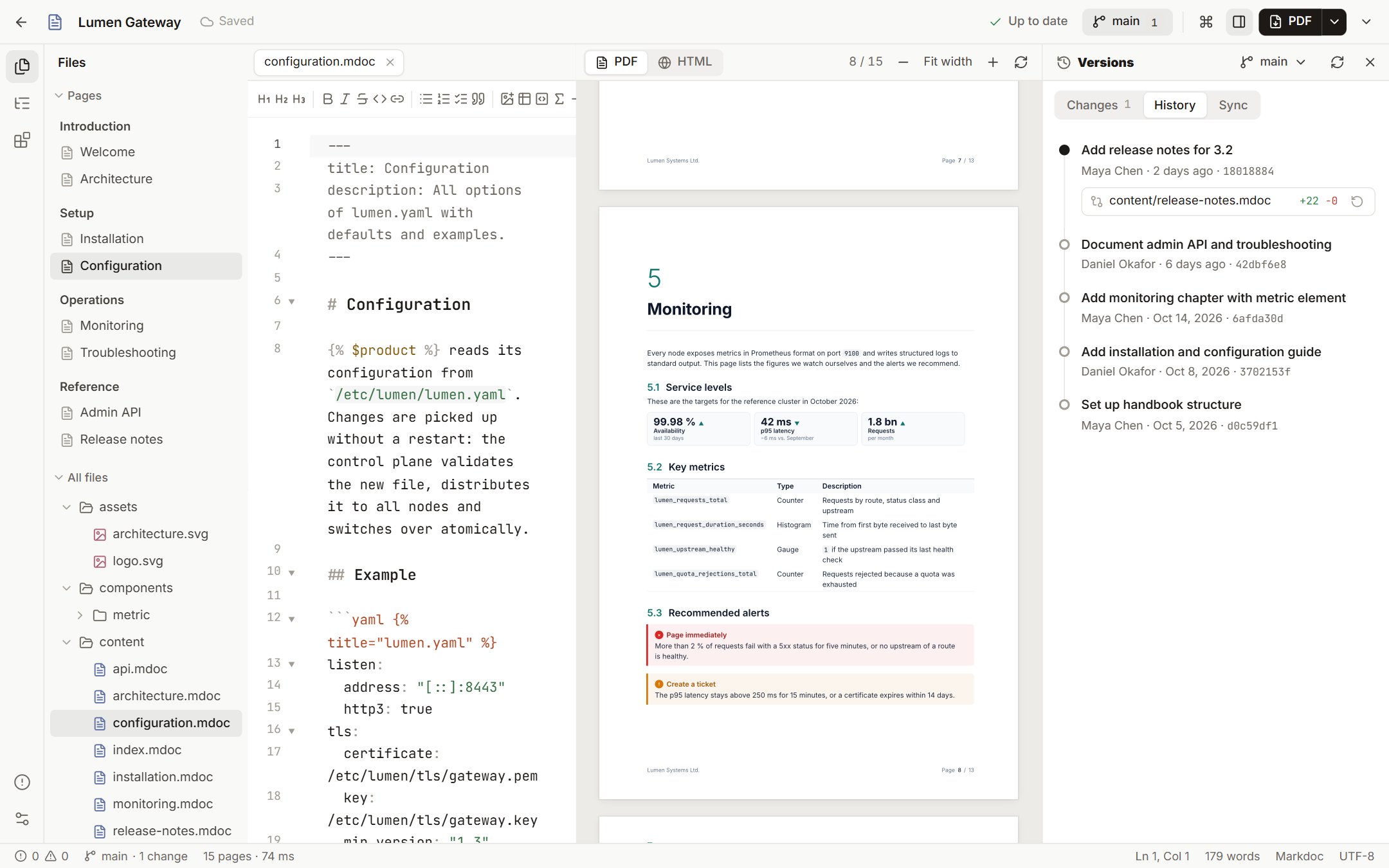 The versions panel in Sqritto with the version history of a handbook and the files changed in a version