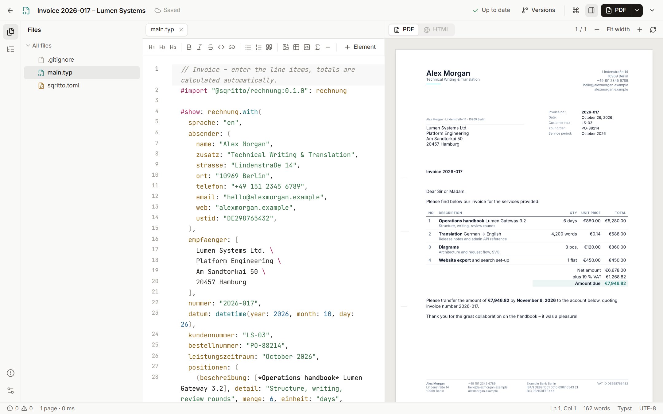 An invoice in Sqritto: line items in Typst on the left, the calculated invoice on the right