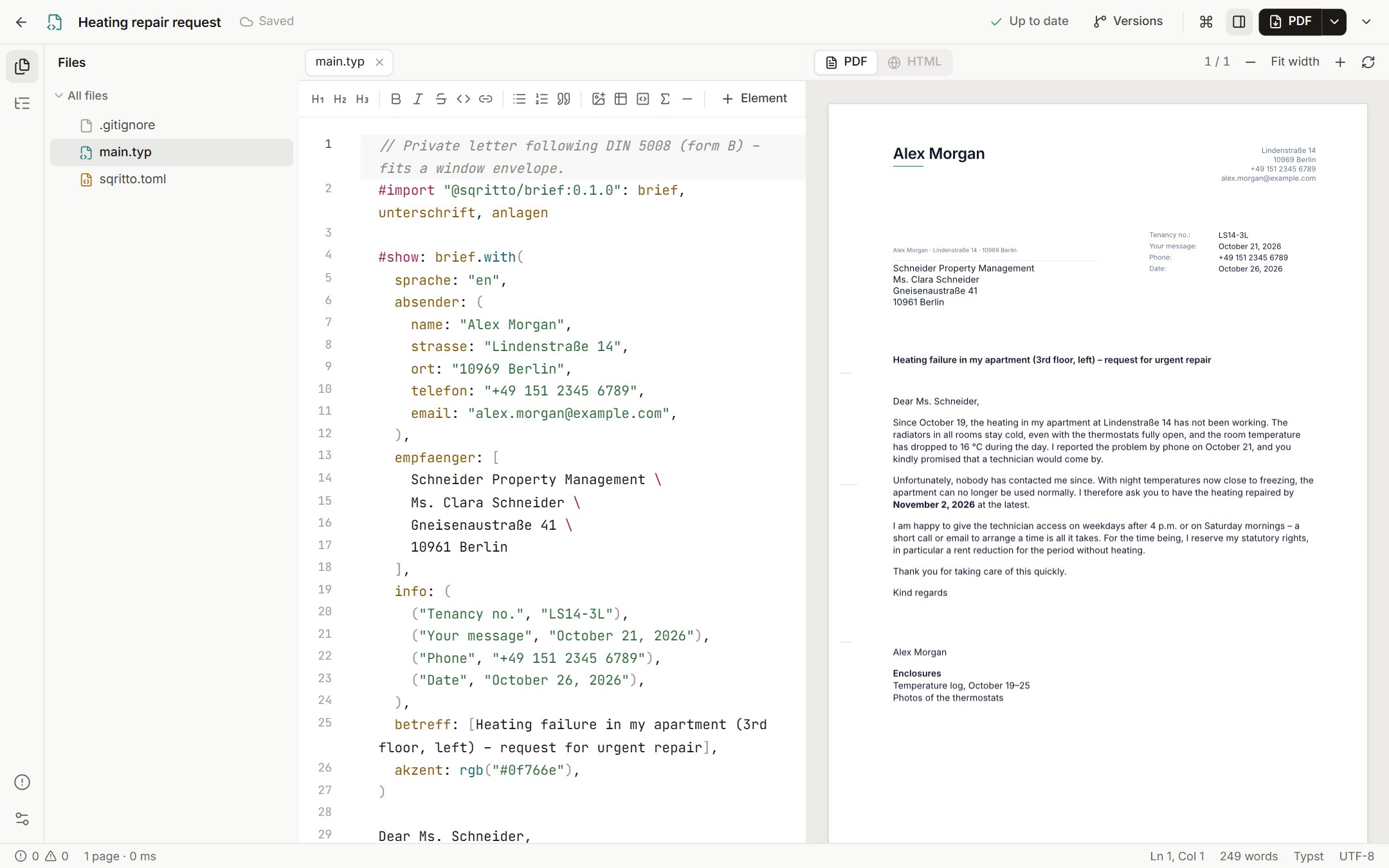 A letter following DIN 5008 in Sqritto: the Typst source on the left, the finished letter on the right