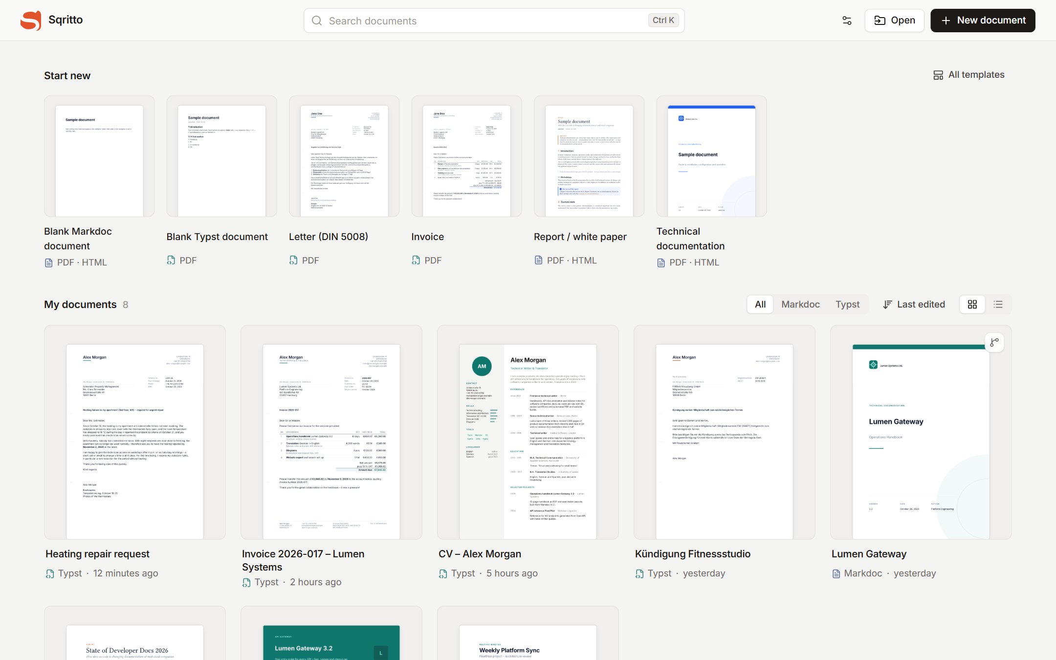 The Sqritto library with letters, an invoice, a CV and handbooks, and the template gallery above