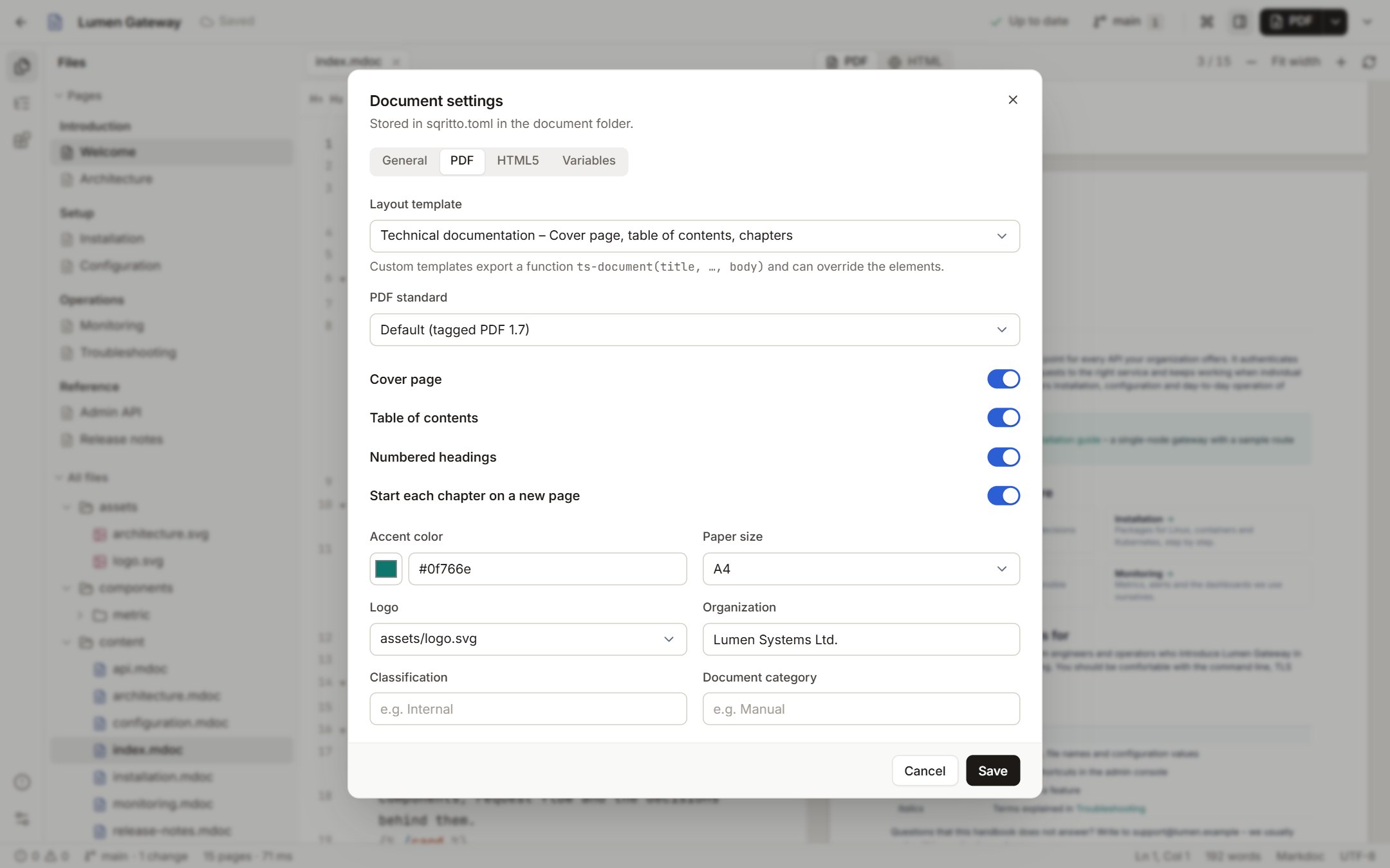 The document settings dialog in Sqritto with layout and PDF options