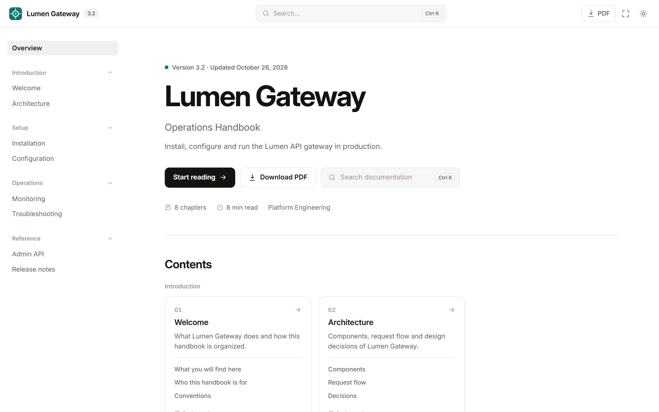 The landing page of a documentation site exported by Sqritto, with chapter cards and reading times