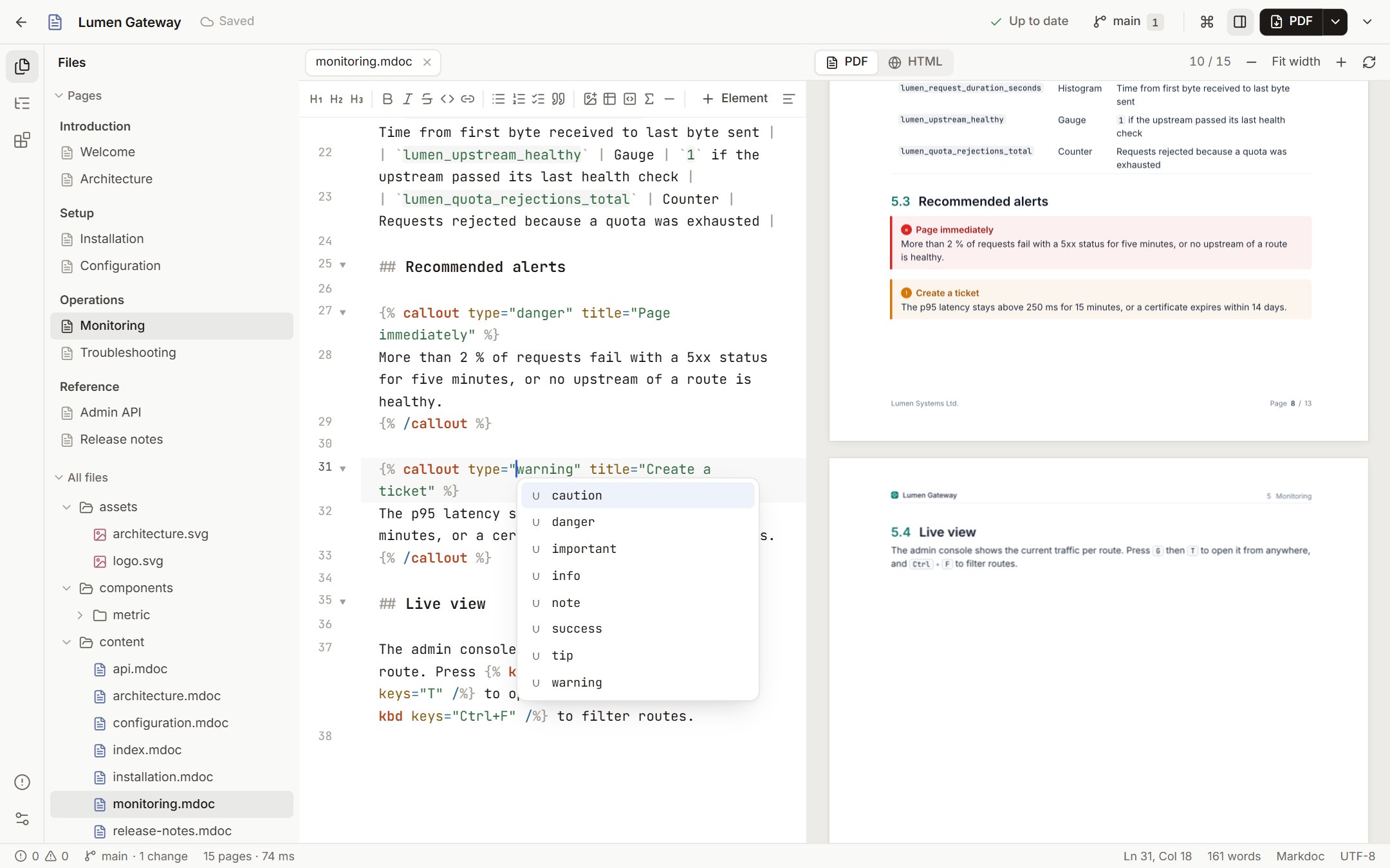The Sqritto editor suggesting the allowed values for the type attribute of a callout element